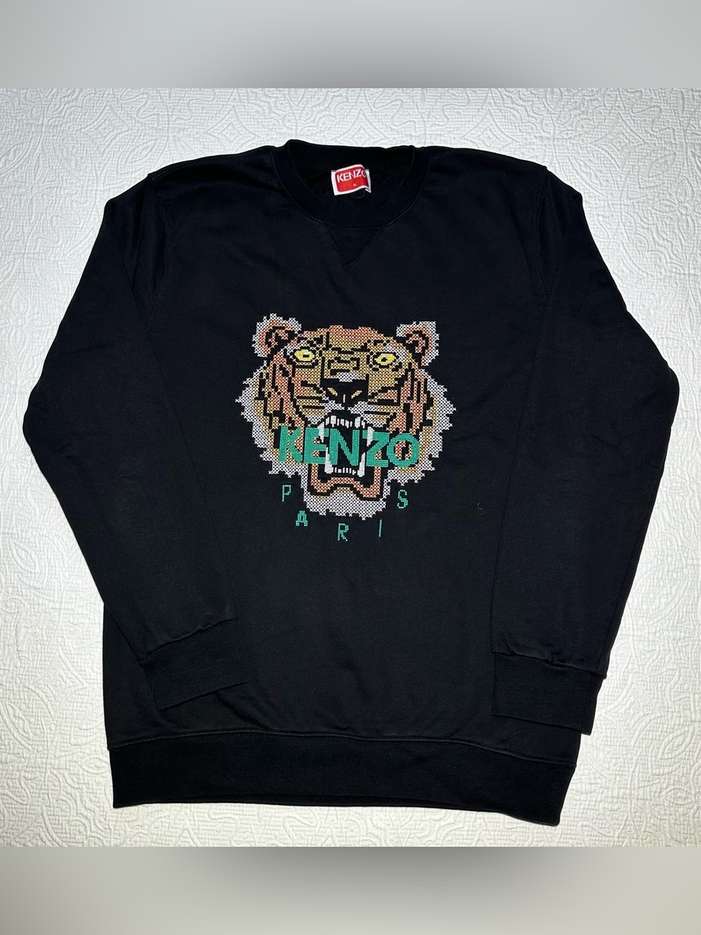 Kenzo Black Crewneck Sweater with Multicolor Tiger Motif